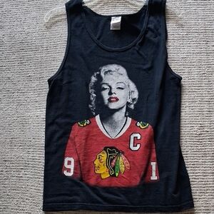 Gildan Black Tank with Marilyn Monroe in Red Chicago Hockey Jersey